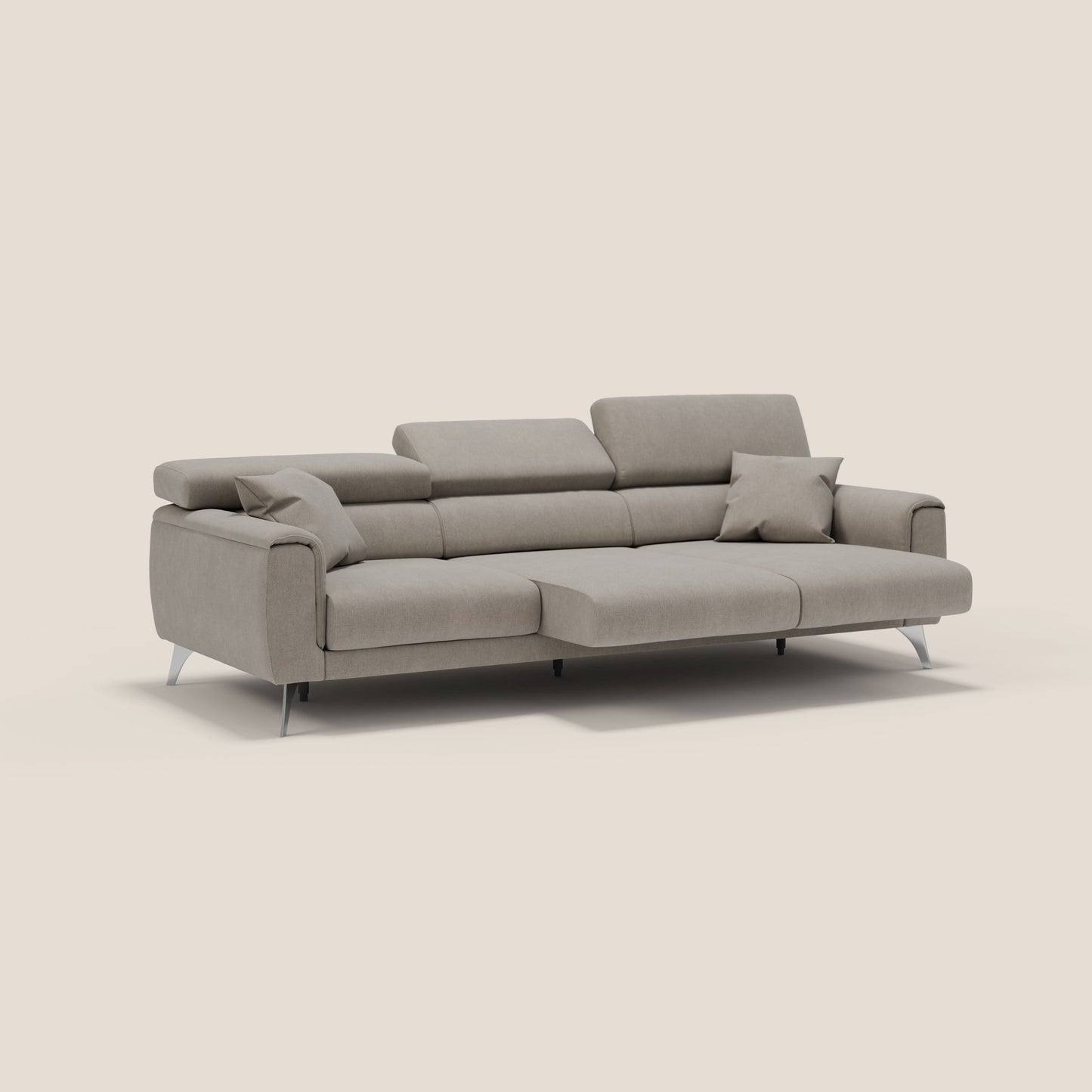 Caravaggio divano con 3 sedute allungabili indipendenti e poggiatesta reclinabili in tessuto impermeabile T02 beige