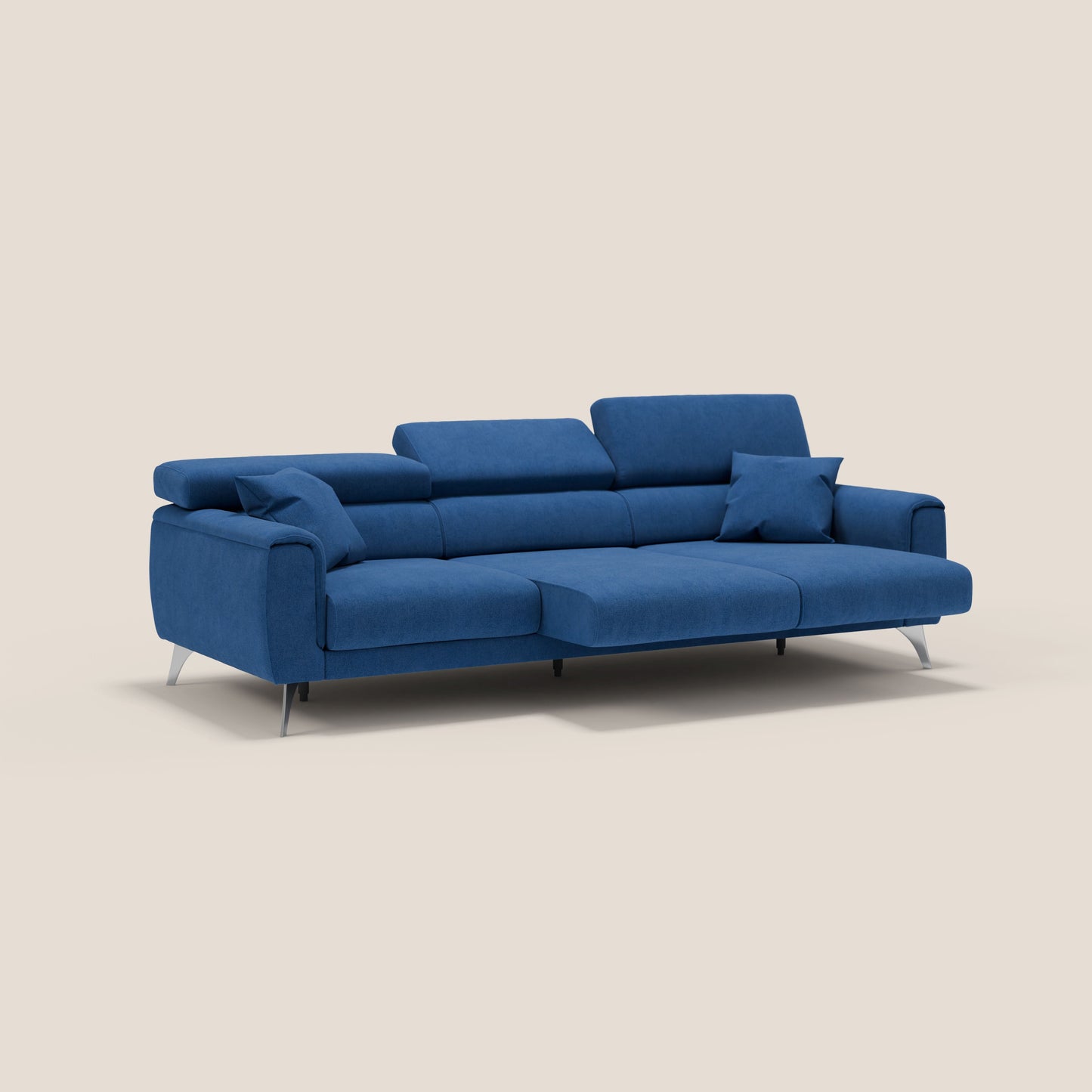 Caravaggio divano con 3 sedute allungabili indipendenti e poggiatesta reclinabili in tessuto impermeabile T02 blu