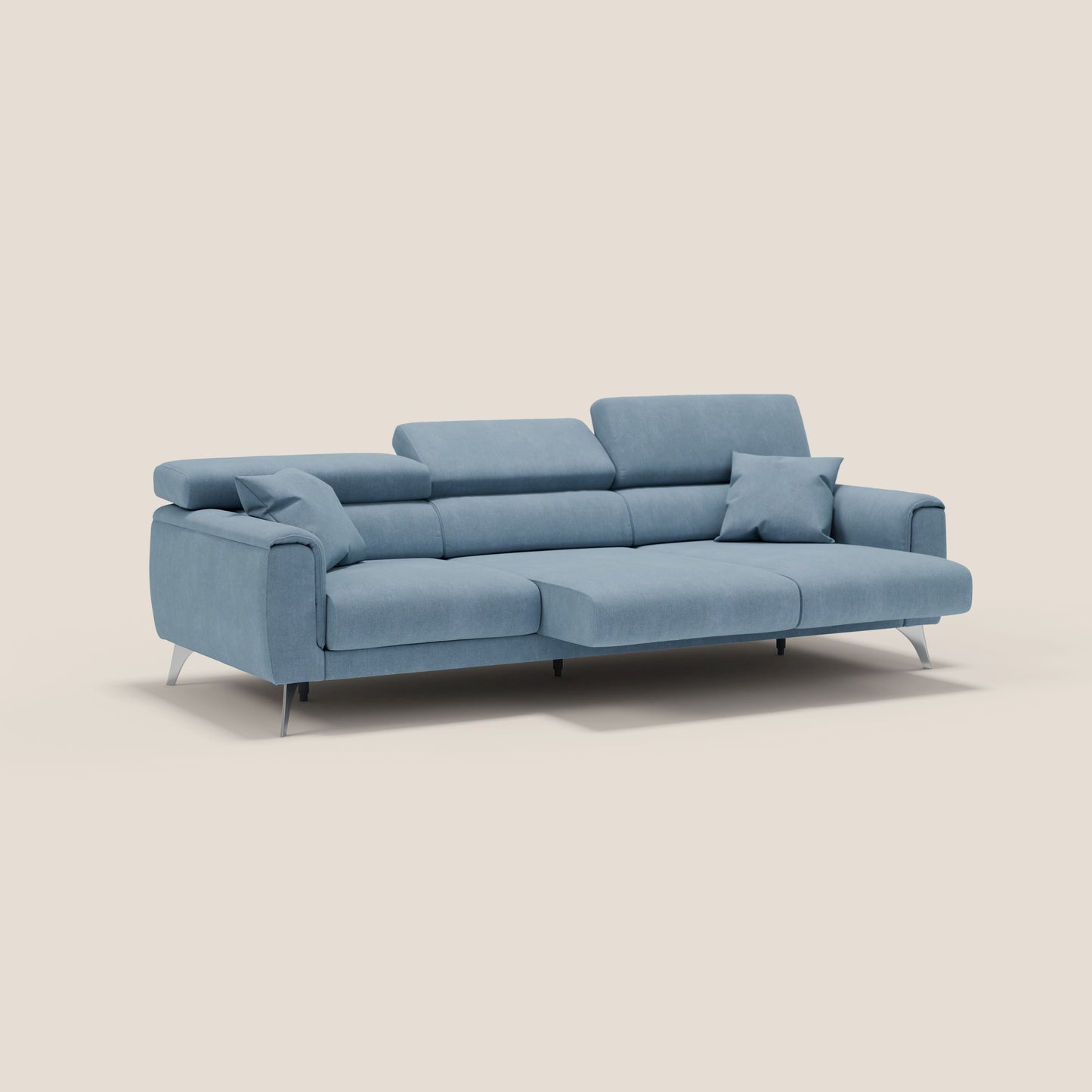 Divano Caravaggio con 3 sedute allungabili indipendenti e poggiatesta reclinabili in tessuto impermeabile T02 carta da zucchero