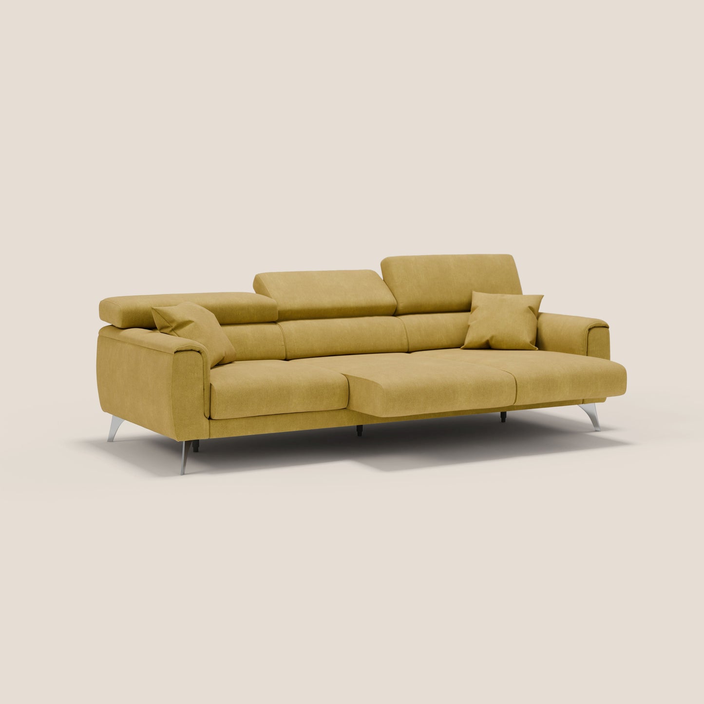 Caravaggio divano con 3 sedute allungabili indipendenti e poggiatesta reclinabili in tessuto impermeabile T02 giallo