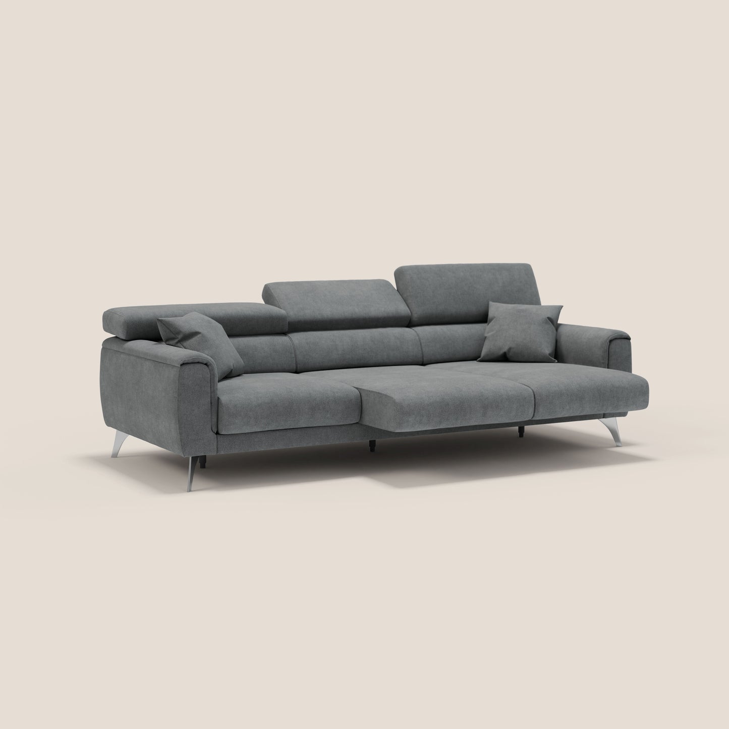 Divano Caravaggio con 3 sedute allungabili indipendenti e poggiatesta reclinabili in tessuto impermeabile T02 nero