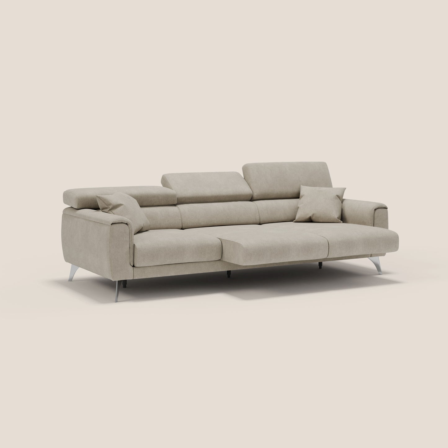 Caravaggio divano con 3 sedute allungabili indipendenti e poggiatesta reclinabili in tessuto impermeabile T02 panna