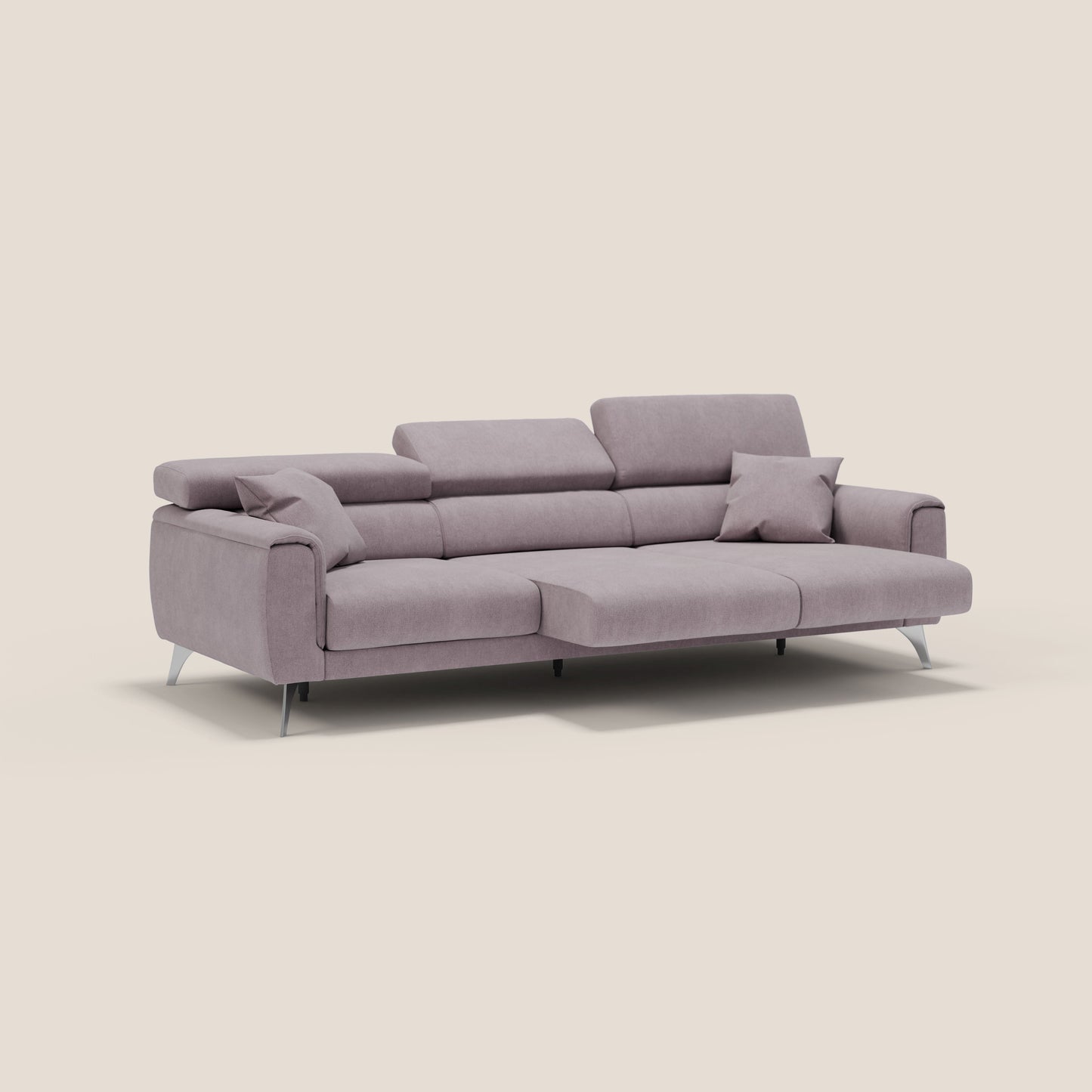 Caravaggio divano con 3 sedute allungabili indipendenti e poggiatesta reclinabili in tessuto impermeabile T02 rosa