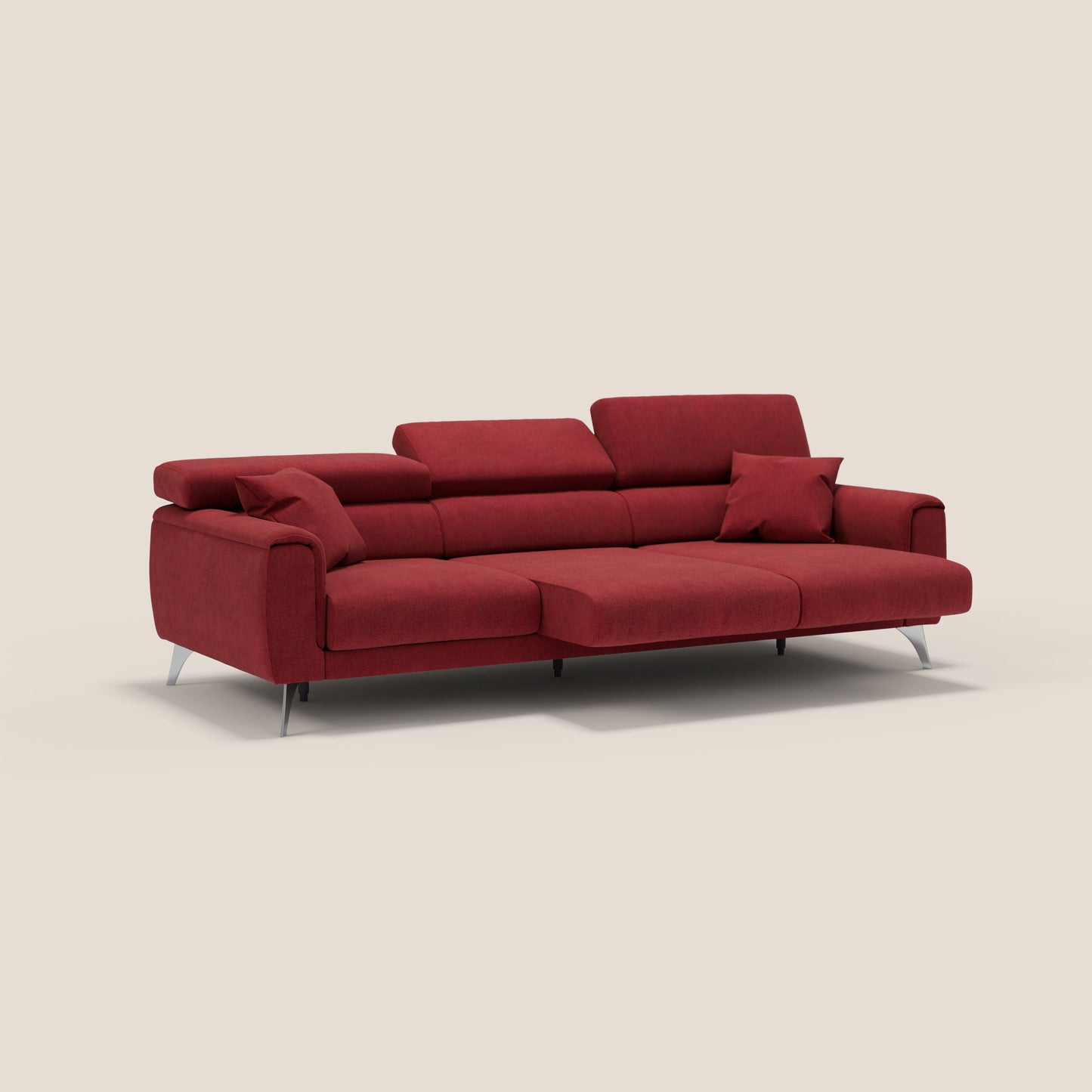 Caravaggio divano con 3 sedute allungabili indipendenti e poggiatesta reclinabili in tessuto impermeabile T02 rosso
