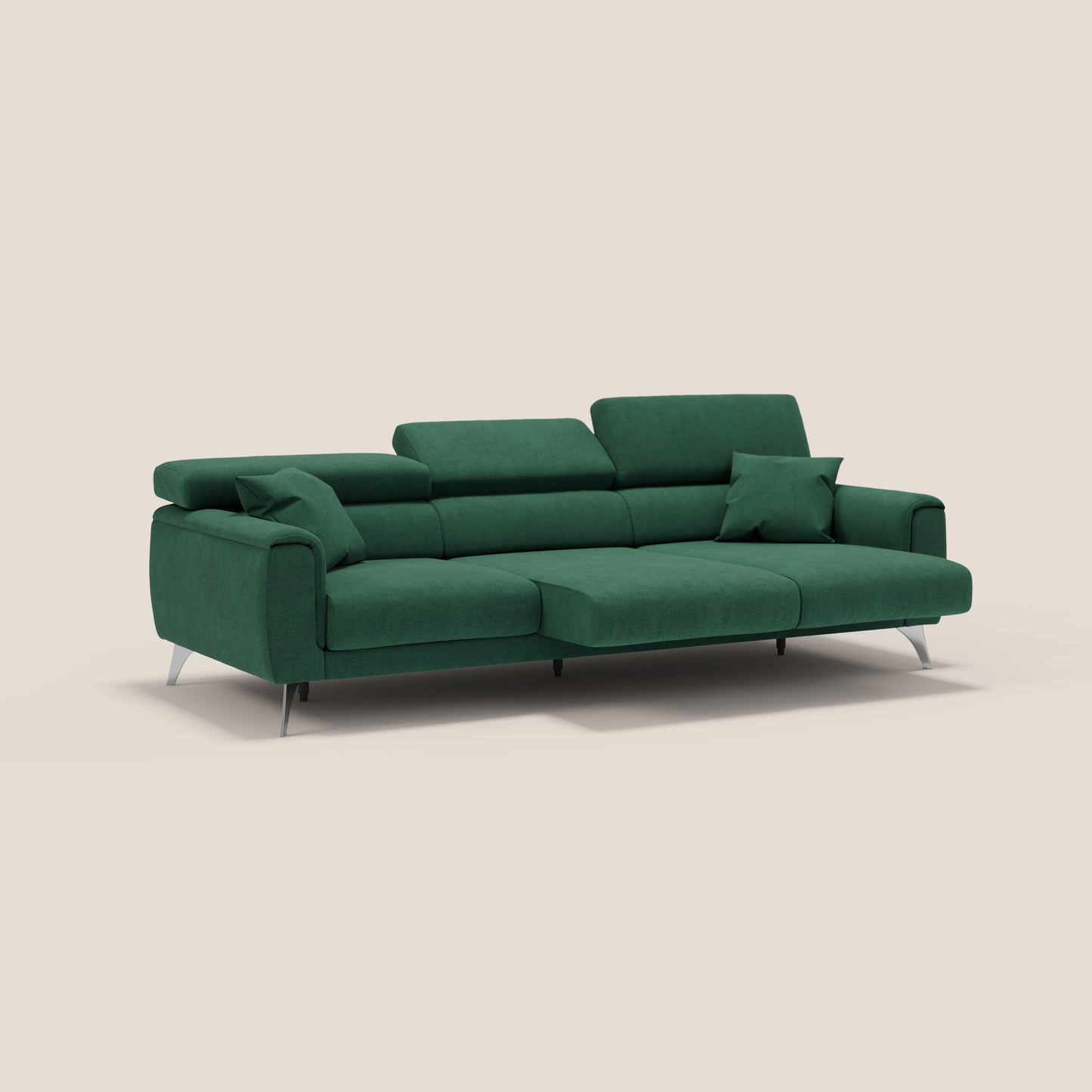 Caravaggio divano con 3 sedute allungabili indipendenti e poggiatesta reclinabili in tessuto impermeabile T02 verde