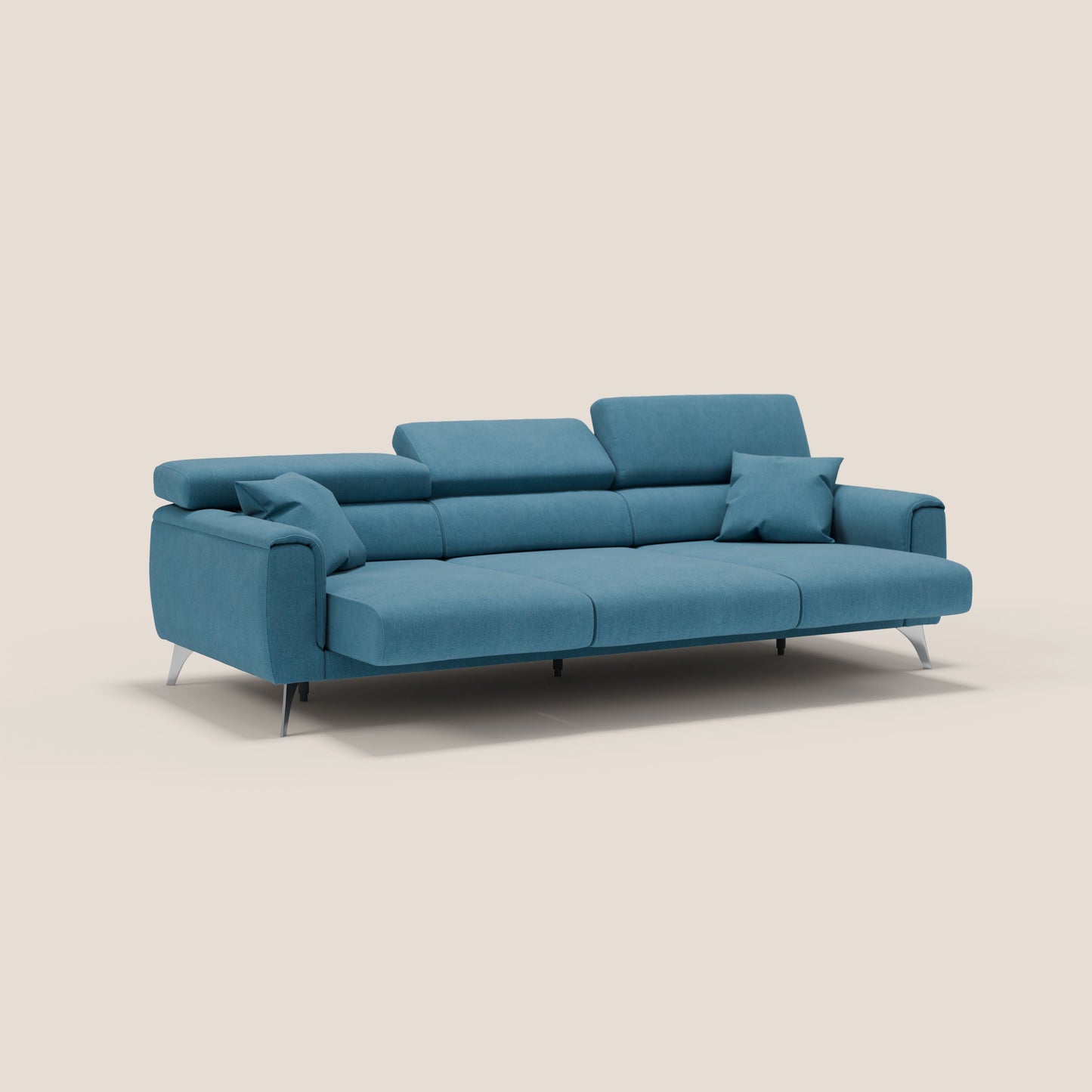 Caravaggio divano con 3 sedute allungabili indipendenti e poggiatesta reclinabili in tessuto impermeabile T02 azzurro