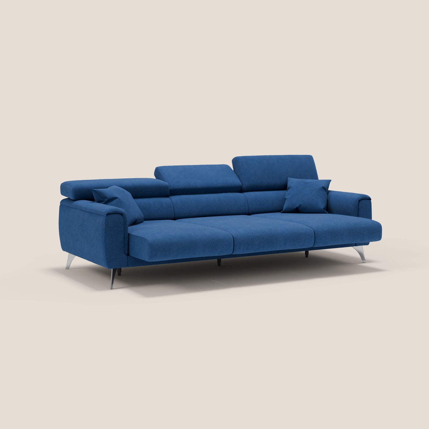 Caravaggio divano con 3 sedute allungabili indipendenti e poggiatesta reclinabili in tessuto impermeabile T02 blu