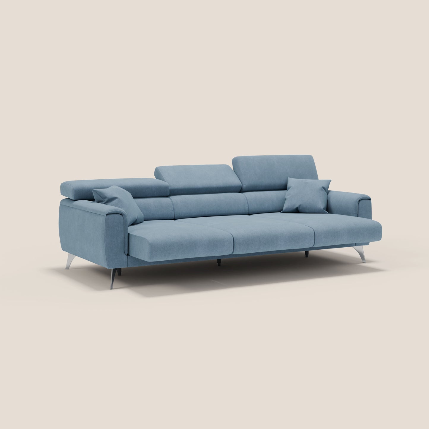 Divano Caravaggio con 3 sedute allungabili indipendenti e poggiatesta reclinabili in tessuto impermeabile T02 carta da zucchero