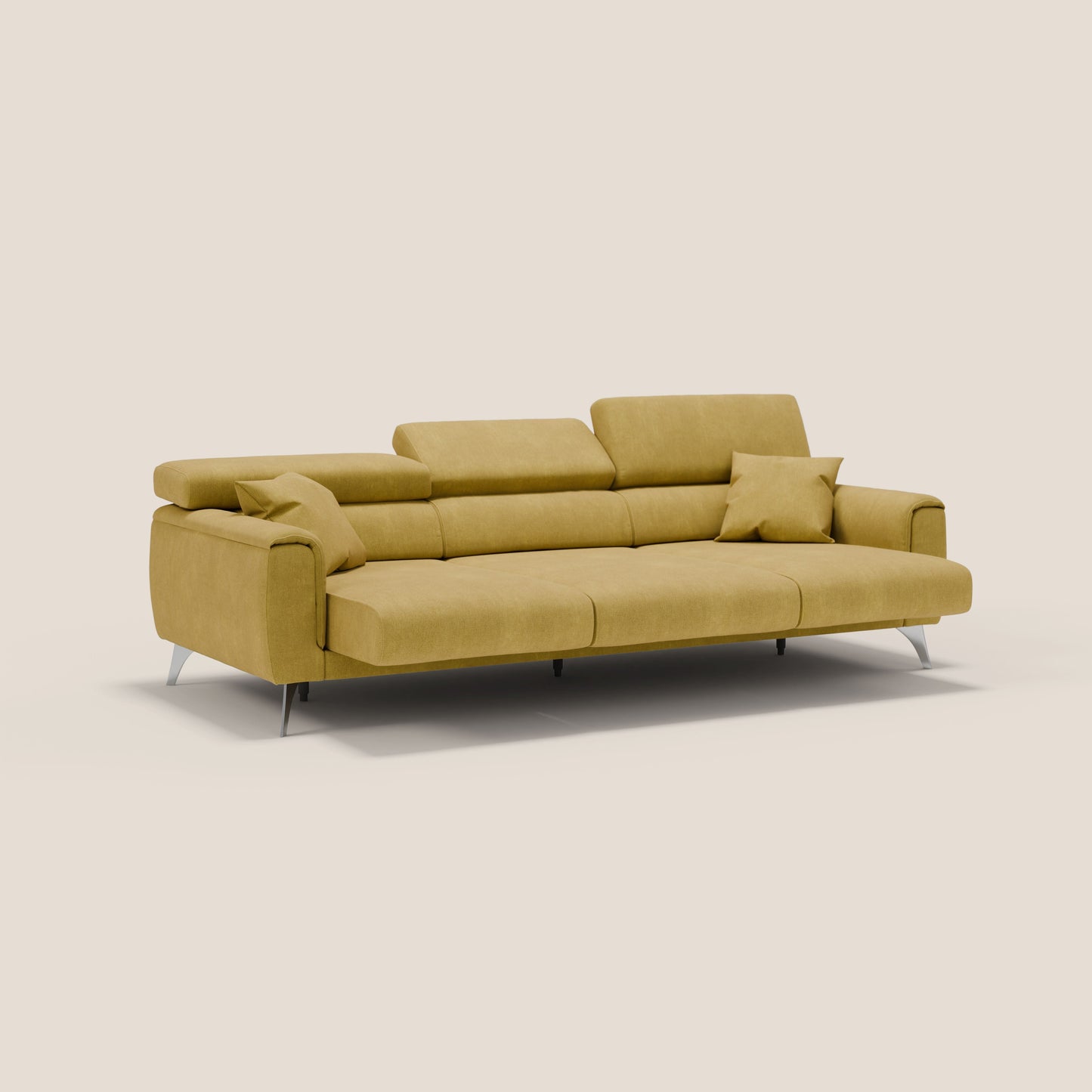 Caravaggio divano con 3 sedute allungabili indipendenti e poggiatesta reclinabili in tessuto impermeabile T02 giallo