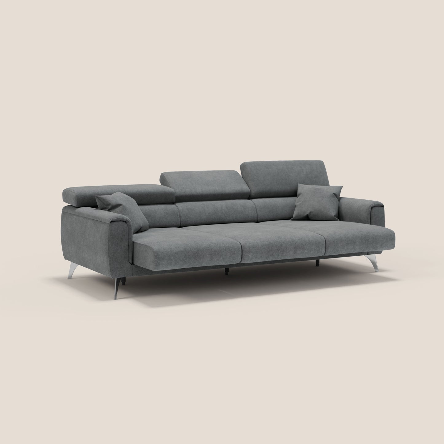 Divano Caravaggio con 3 sedute allungabili indipendenti e poggiatesta reclinabili in tessuto impermeabile T02 nero