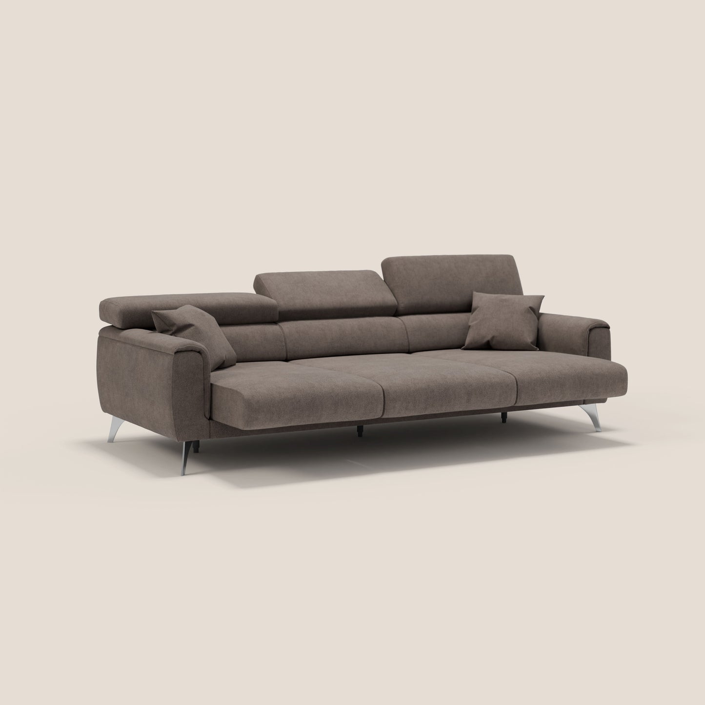 Caravaggio divano con 3 sedute allungabili indipendenti e poggiatesta reclinabili in tessuto impermeabile T02 marrone