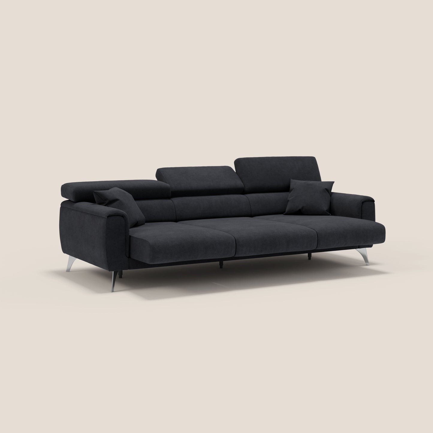 Divano Caravaggio con 3 sedute allungabili indipendenti e poggiatesta reclinabili in tessuto impermeabile T02 nero