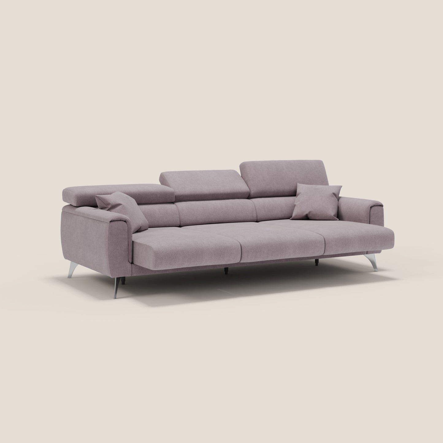 Caravaggio divano con 3 sedute allungabili indipendenti e poggiatesta reclinabili in tessuto impermeabile T02 rosa