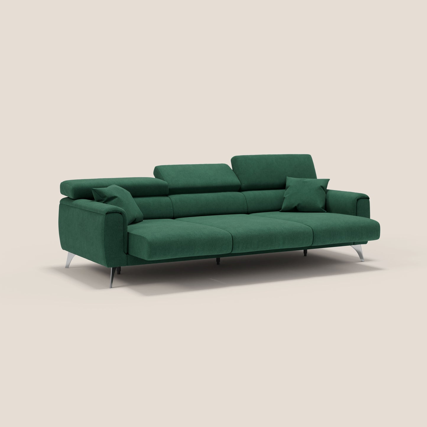 Caravaggio divano con 3 sedute allungabili indipendenti e poggiatesta reclinabili in tessuto impermeabile T02 verde