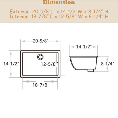 CB HOME 20'' x 14'' Undermount Bathroom Vanity Sink, Rectangle White Ceramic Bathroom Sink-(20-5/8''x14-1/2''x8-1/4'')