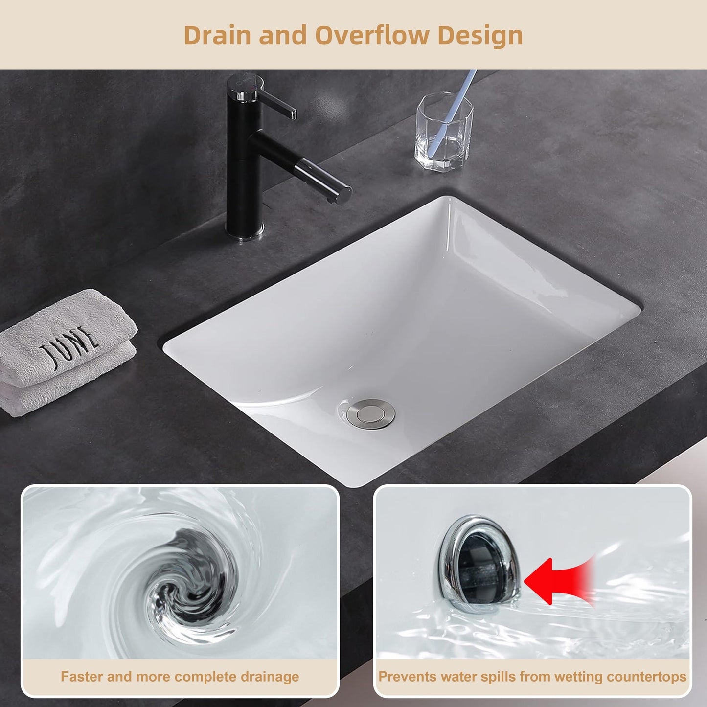 CB HOME 20'' x 14'' Undermount Bathroom Vanity Sink, Rectangle White Ceramic Bathroom Sink-(20-5/8''x14-1/2''x8-1/4'')