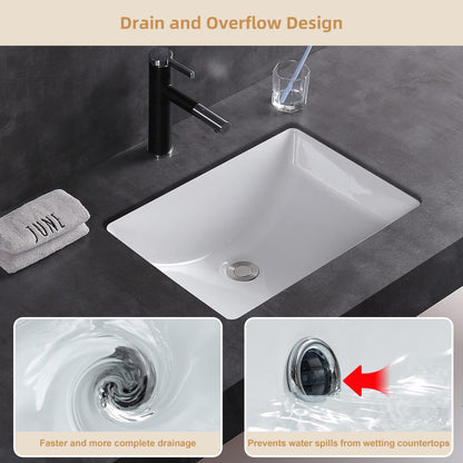 CB HOME 20'' x 14'' Undermount Bathroom Vanity Sink, Rectangle White Ceramic Bathroom Sink-(20-5/8''x14-1/2''x8-1/4'')