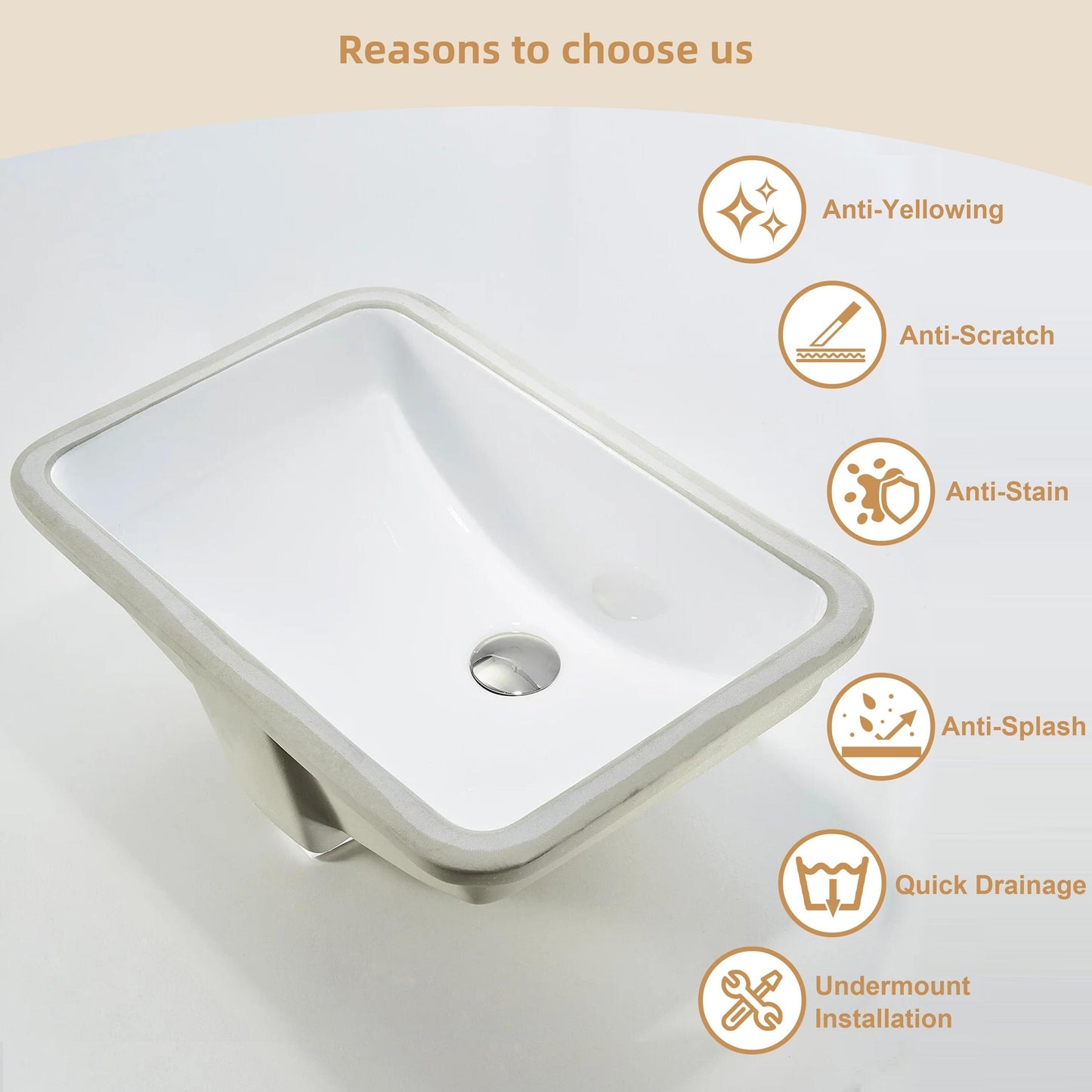 CB HOME 20'' x 14'' Undermount Bathroom Vanity Sink, Rectangle White Ceramic Bathroom Sink-(20-5/8''x14-1/2''x8-1/4'')