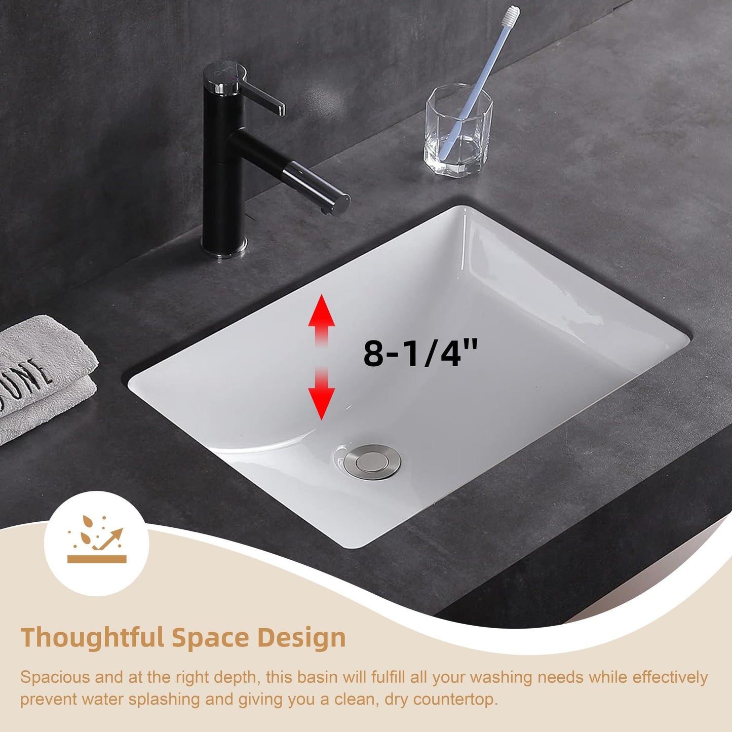 CB HOME 20'' x 14'' Undermount Bathroom Vanity Sink, Rectangle White Ceramic Bathroom Sink-(20-5/8''x14-1/2''x8-1/4'')