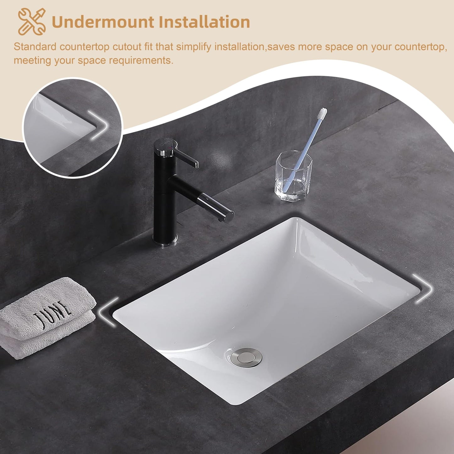 CB HOME 20'' x 14'' Undermount Bathroom Vanity Sink, Rectangle White Ceramic Bathroom Sink-(20-5/8''x14-1/2''x8-1/4'')