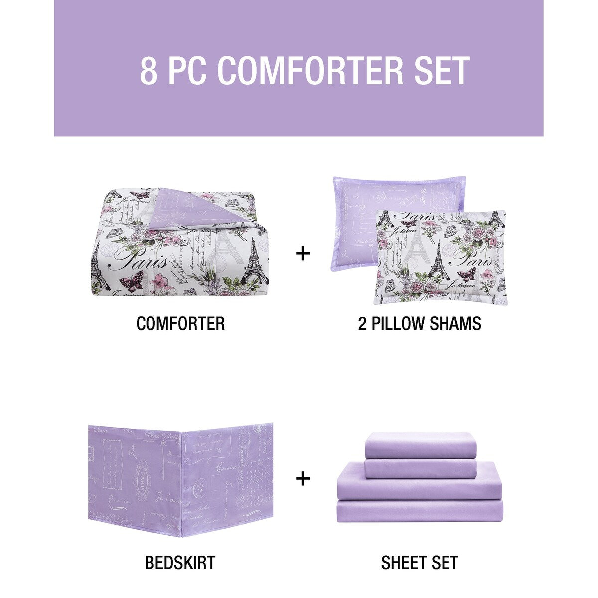 CEDAR COURT Paris Floral Lilac Soft Microfiber Reversible Comforter Set