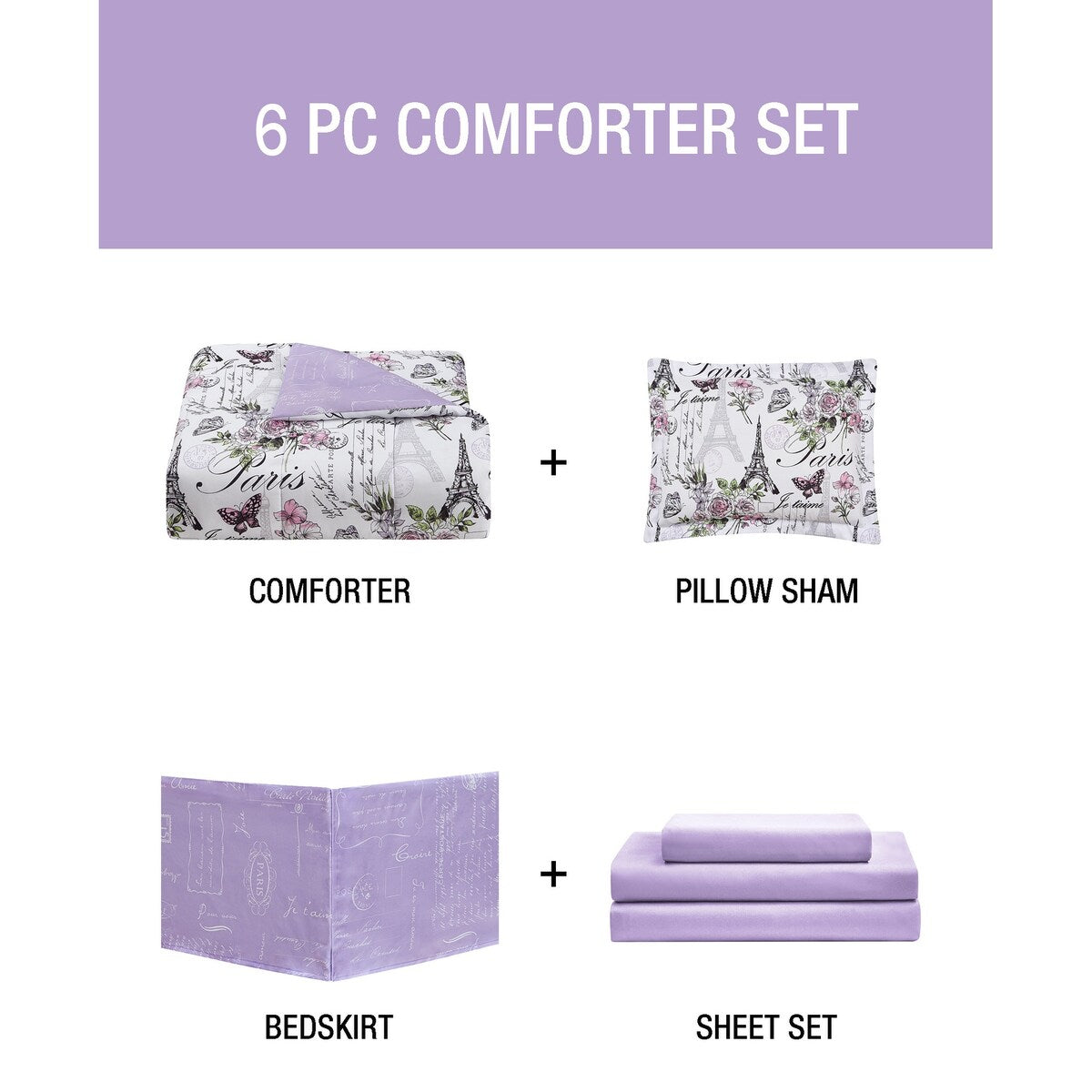 CEDAR COURT Paris Floral Lilac Soft Microfiber Reversible Comforter Set
