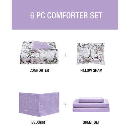 CEDAR COURT Paris Floral Lilac Soft Microfiber Reversible Comforter Set