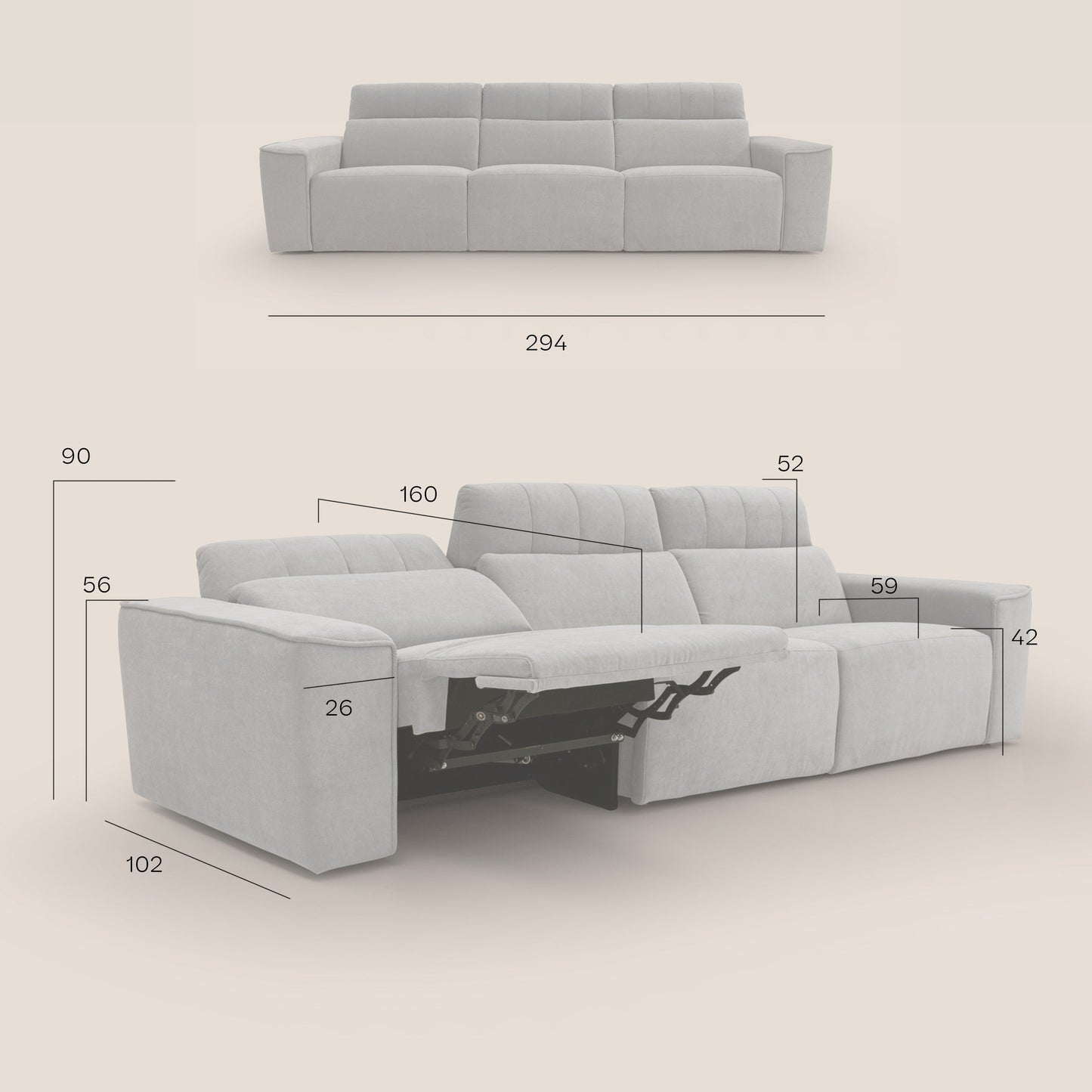 Clark Divano modulare 3 sedute con opzione relax elettrico in tessuto smacchiabile impermeabile T17 grigio