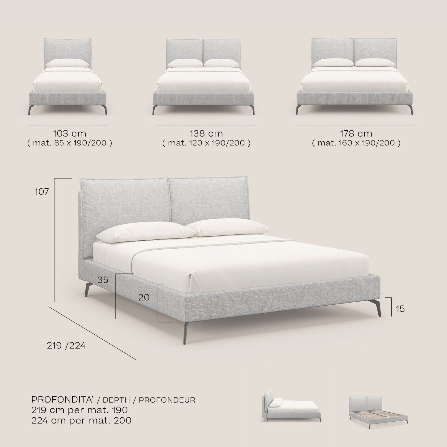 Cloe letto imbottito con piedi in metallo sfoderabile in tessuto fiammato impermeabile T06 verde 