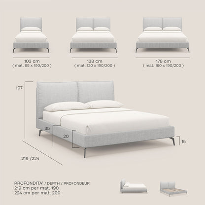 Cloe letto imbottito con piedi in metallo sfoderabile in tessuto fiammato impermeabile T06 tortora 