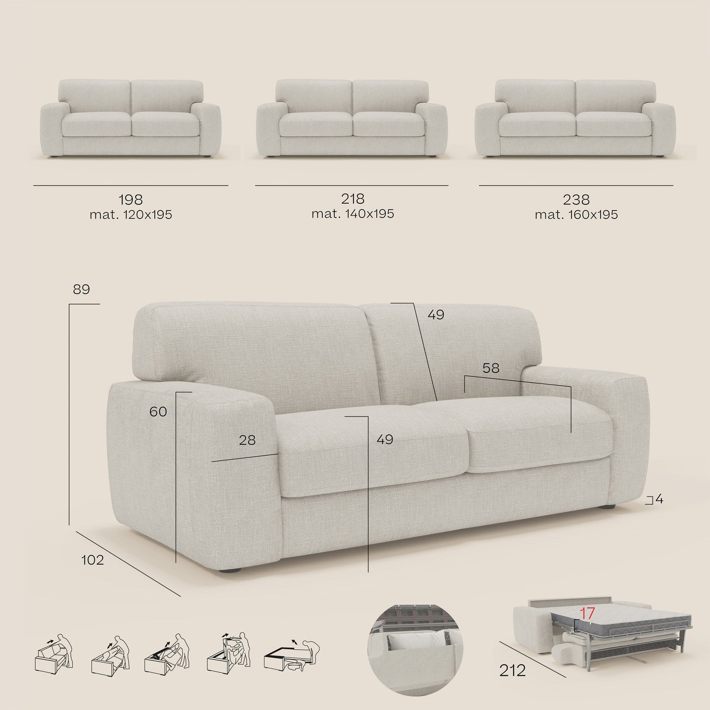 Cloud Divano letto materasso H17 cm dai morbidi cuscini in tessuto impermeabile T06 grigio 