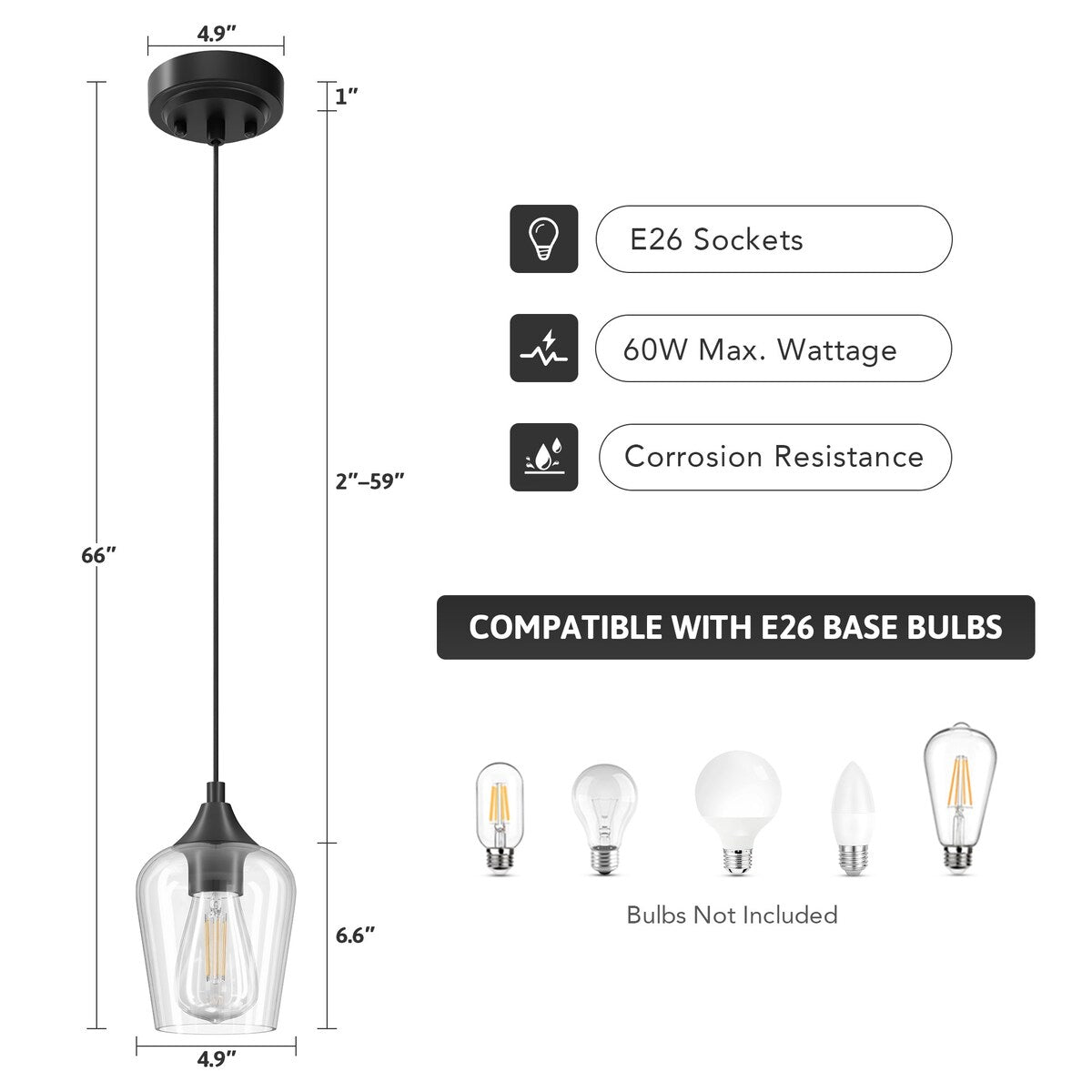 CO-Z 1 Light Pendant Light Fixture with Adjustable Height