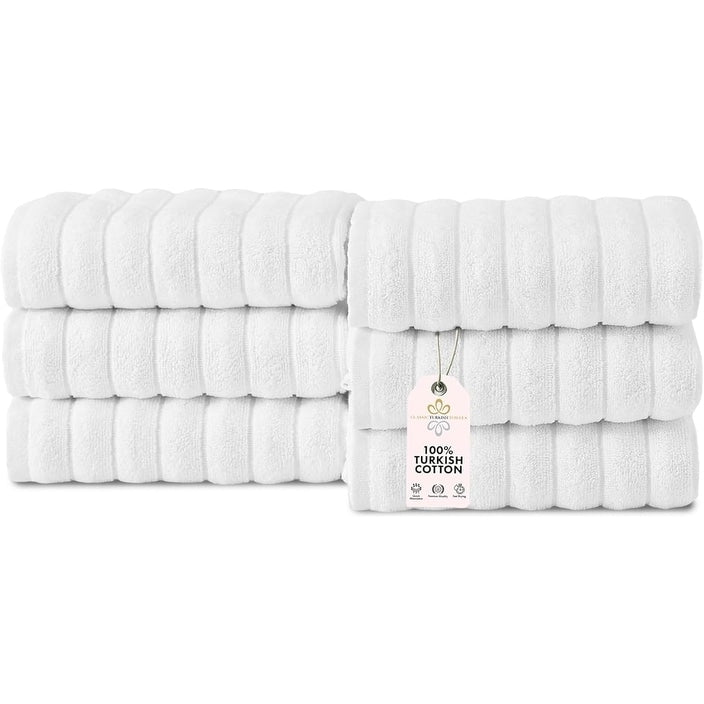 CTT Classic White Ribbed Combed %100 Turkish Cotton Quick Dry and Absorbent Hand Towel Set of 6 - 33 L x 20 W