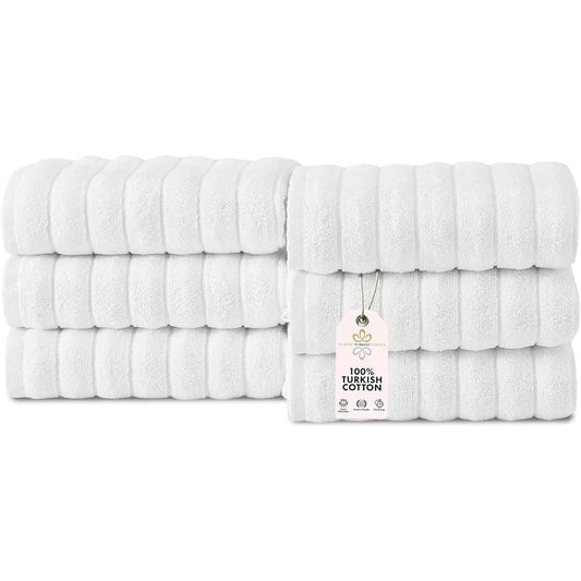 CTT Classic White Ribbed Combed %100 Turkish Cotton Quick Dry and Absorbent Hand Towel Set of 6 - 33 L x 20 W