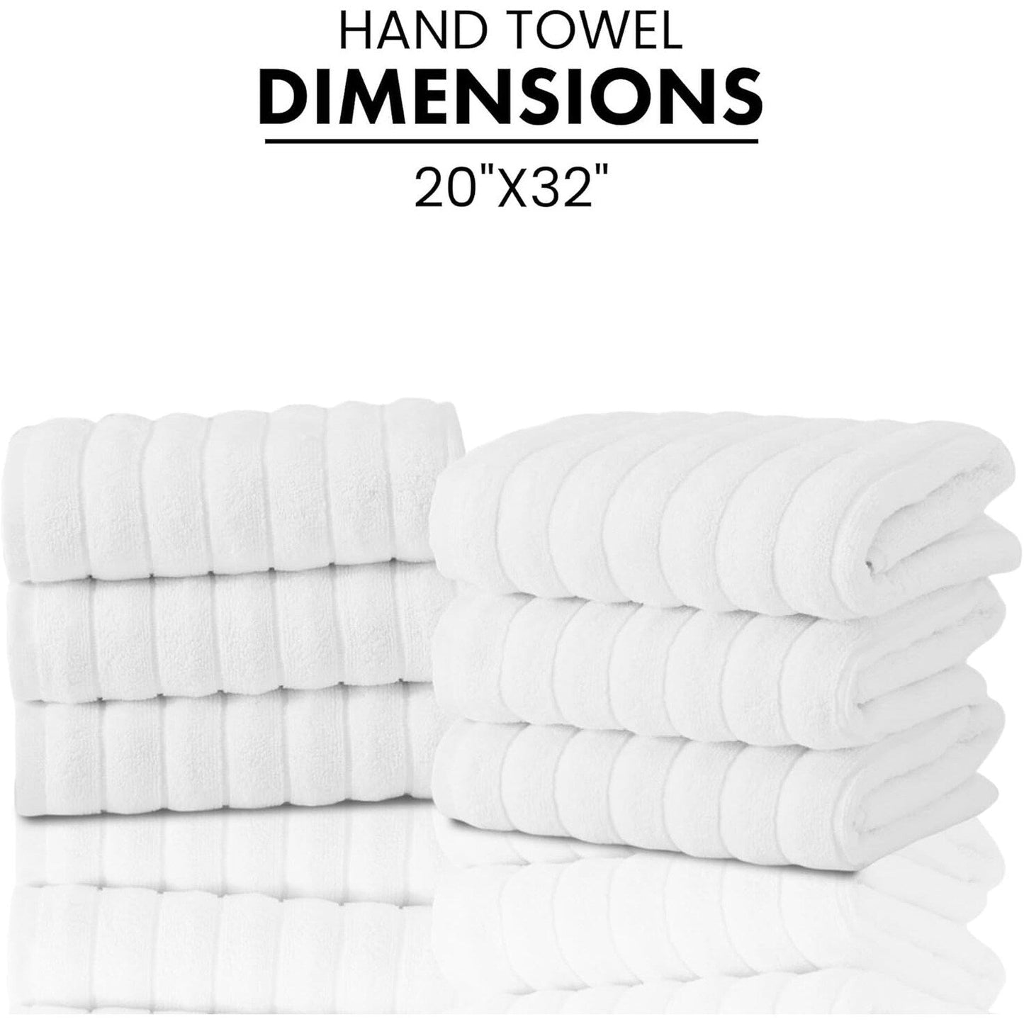 CTT Classic White Ribbed Combed %100 Turkish Cotton Quick Dry and Absorbent Hand Towel Set of 6 - 33 L x 20 W