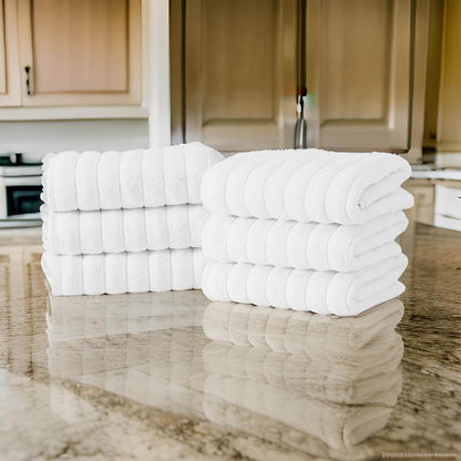 CTT Classic White Ribbed Combed %100 Turkish Cotton Quick Dry and Absorbent Hand Towel Set of 6 - 33 L x 20 W