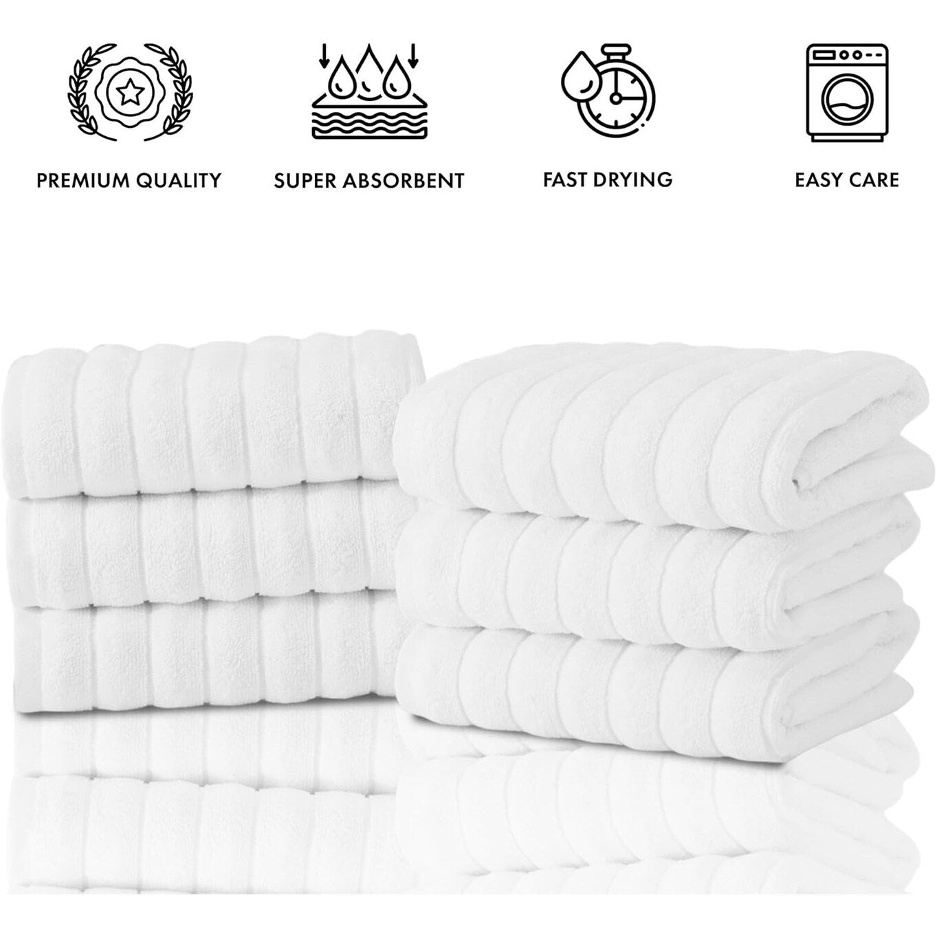 CTT Classic White Ribbed Combed %100 Turkish Cotton Quick Dry and Absorbent Hand Towel Set of 6 - 33 L x 20 W