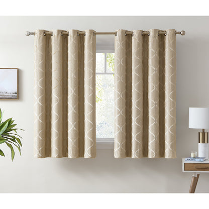HLC.me Lattice Flocked 100% Complete Blackout Thermal Insulated Window Curtain Grommet Panels - Set of 2