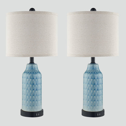 Blue Ceramic Table Lamp with 3-way Touch Dimming Switch & Dual USB Charging Ports (Set of 2) - 11'' x 11'' x 23'' (L x W x H)