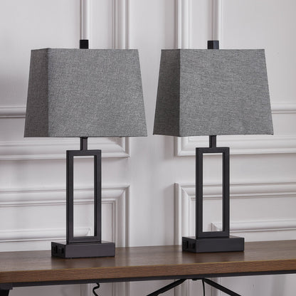 Black Metal Table Lamp with Touch Dimming Switch Charging Ports (Set of 2) - 12'' x 6.5'' x 23.5'' (L x W x H)