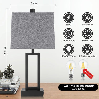 Black Metal Table Lamp with Touch Dimming Switch Charging Ports (Set of 2) - 12'' x 6.5'' x 23.5'' (L x W x H)
