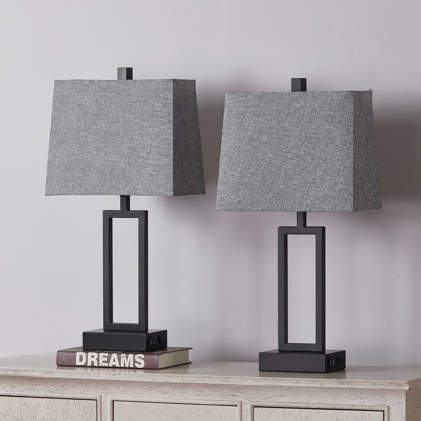 Black Metal Table Lamp with Touch Dimming Switch Charging Ports (Set of 2) - 12'' x 6.5'' x 23.5'' (L x W x H)