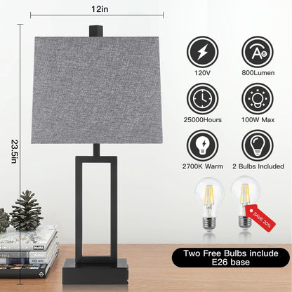 Black Metal Table Lamp with Touch Dimming Switch Charging Ports (Set of 2) - 12'' x 6.5'' x 23.5'' (L x W x H)