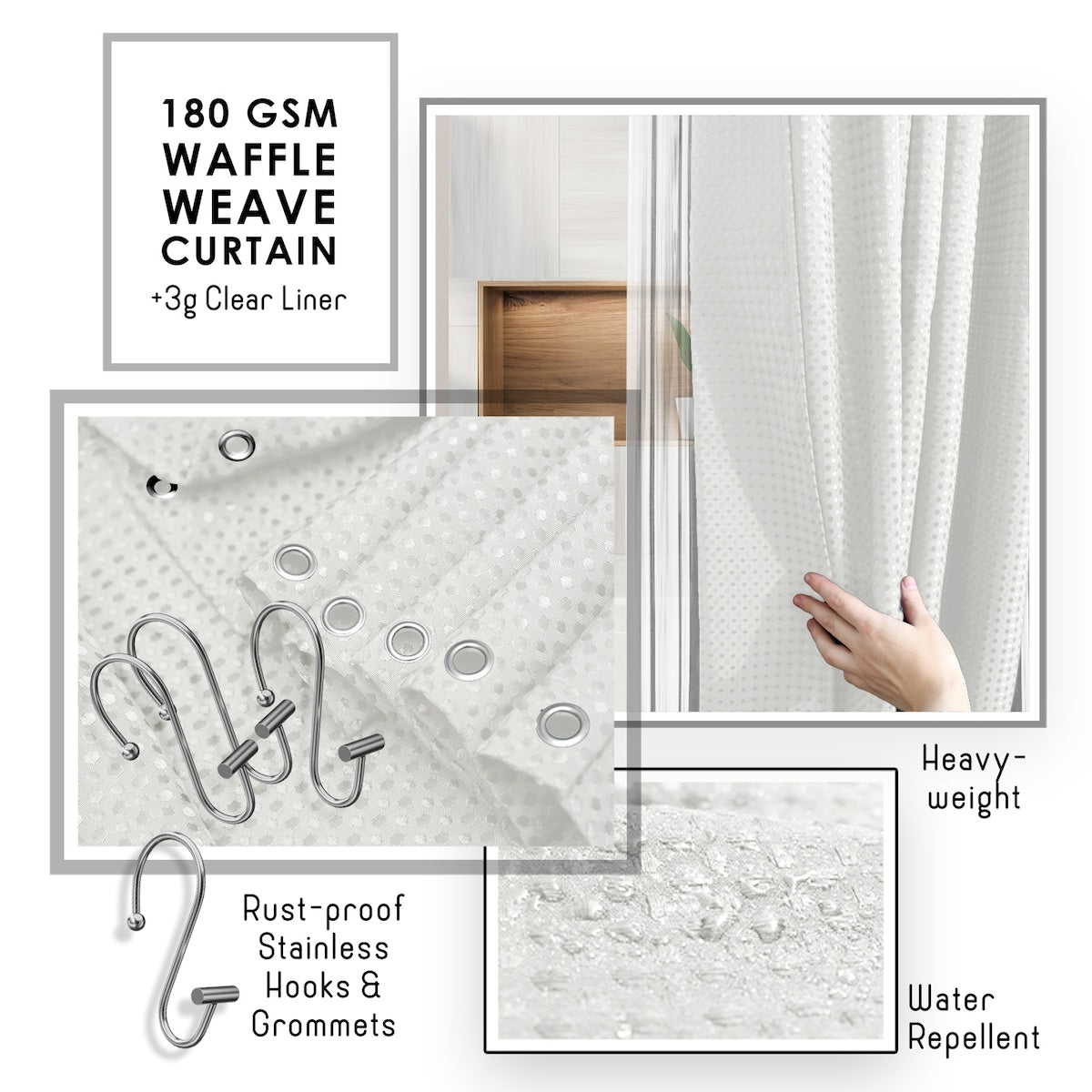 Clara Clark Bamboo Bathroom Accessories Set with Shower Curtain Set, Toilet Brush, Trash Can & Soap Dispenser