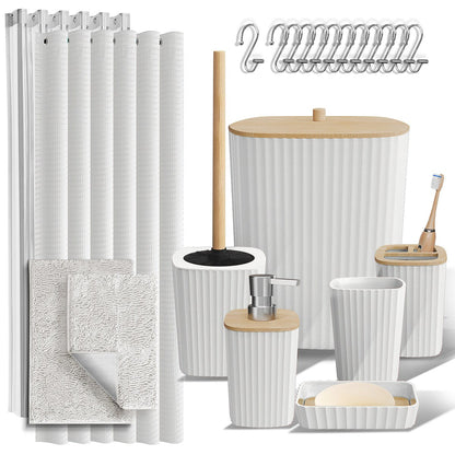 Clara Clark Bamboo Bathroom Accessories Set with Shower Curtain Set, Toilet Brush, Trash Can & Soap Dispenser