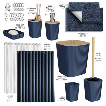 Clara Clark Bamboo Bathroom Accessories Set with Shower Curtain Set, Toilet Brush, Trash Can & Soap Dispenser