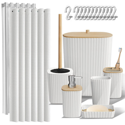 Clara Clark Bamboo Bathroom Accessories Set with Shower Curtain Set, Toilet Brush, Trash Can & Soap Dispenser