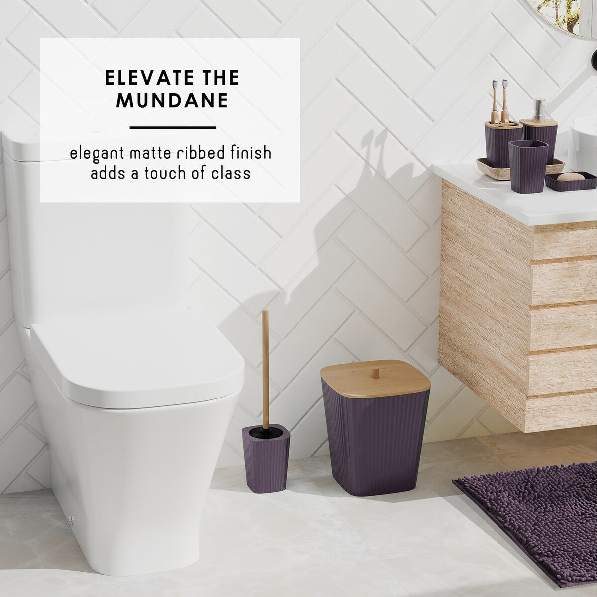 Clara Clark Bamboo Bathroom Accessories Set with Shower Curtain Set, Toilet Brush, Trash Can & Soap Dispenser