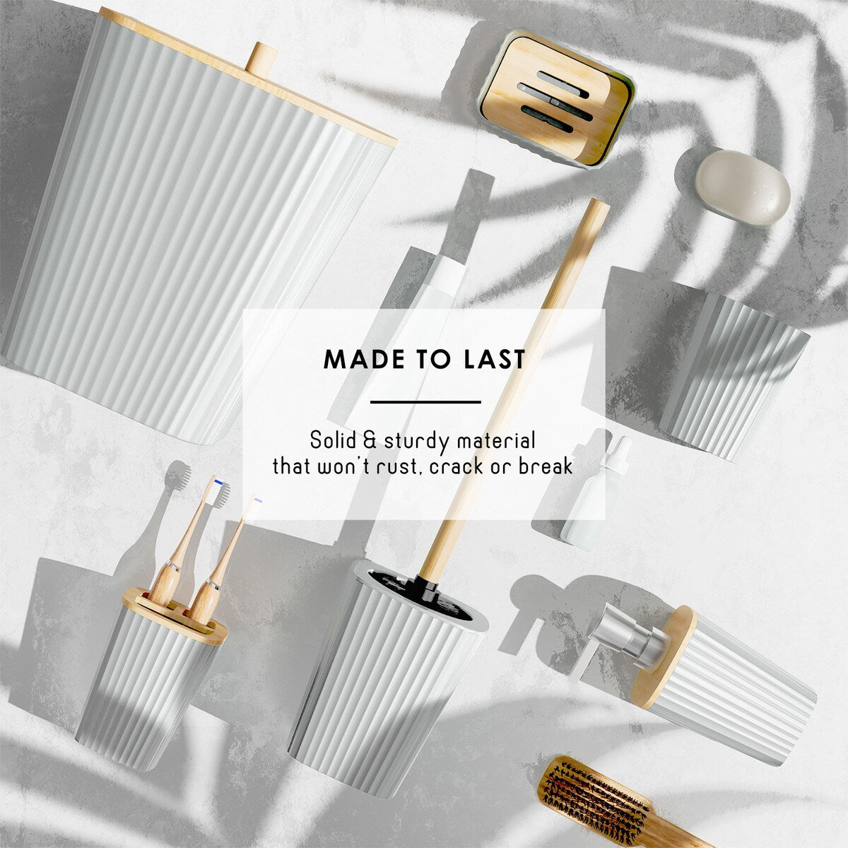 Clara Clark Bamboo Bathroom Accessories Set with Shower Curtain Set, Toilet Brush, Trash Can & Soap Dispenser