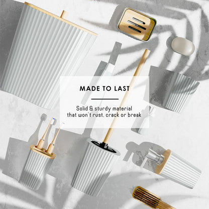 Clara Clark Bamboo Bathroom Accessories Set with Shower Curtain Set, Toilet Brush, Trash Can & Soap Dispenser